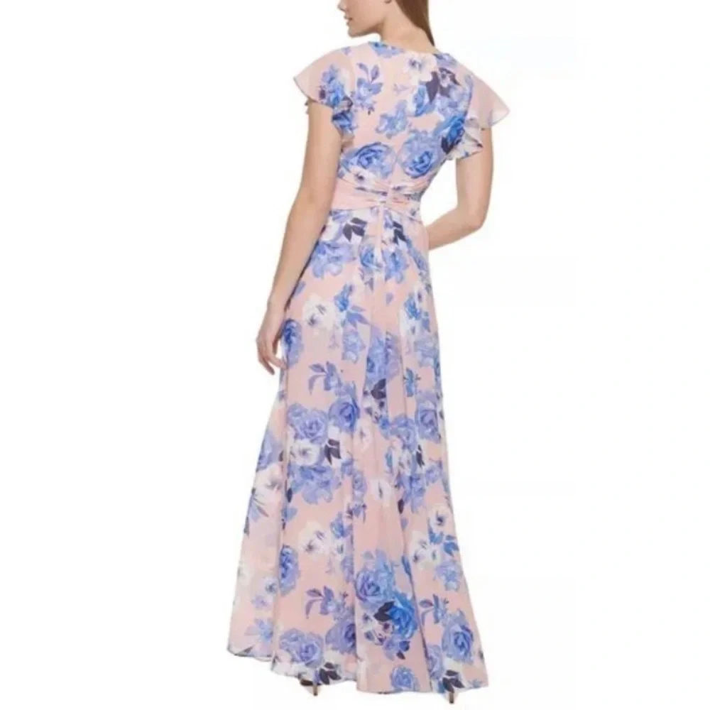 ELIZA J Floral Print Embellished V Neck Flutter Sleeve Gown in Pink Blush - Picture 5 of 7